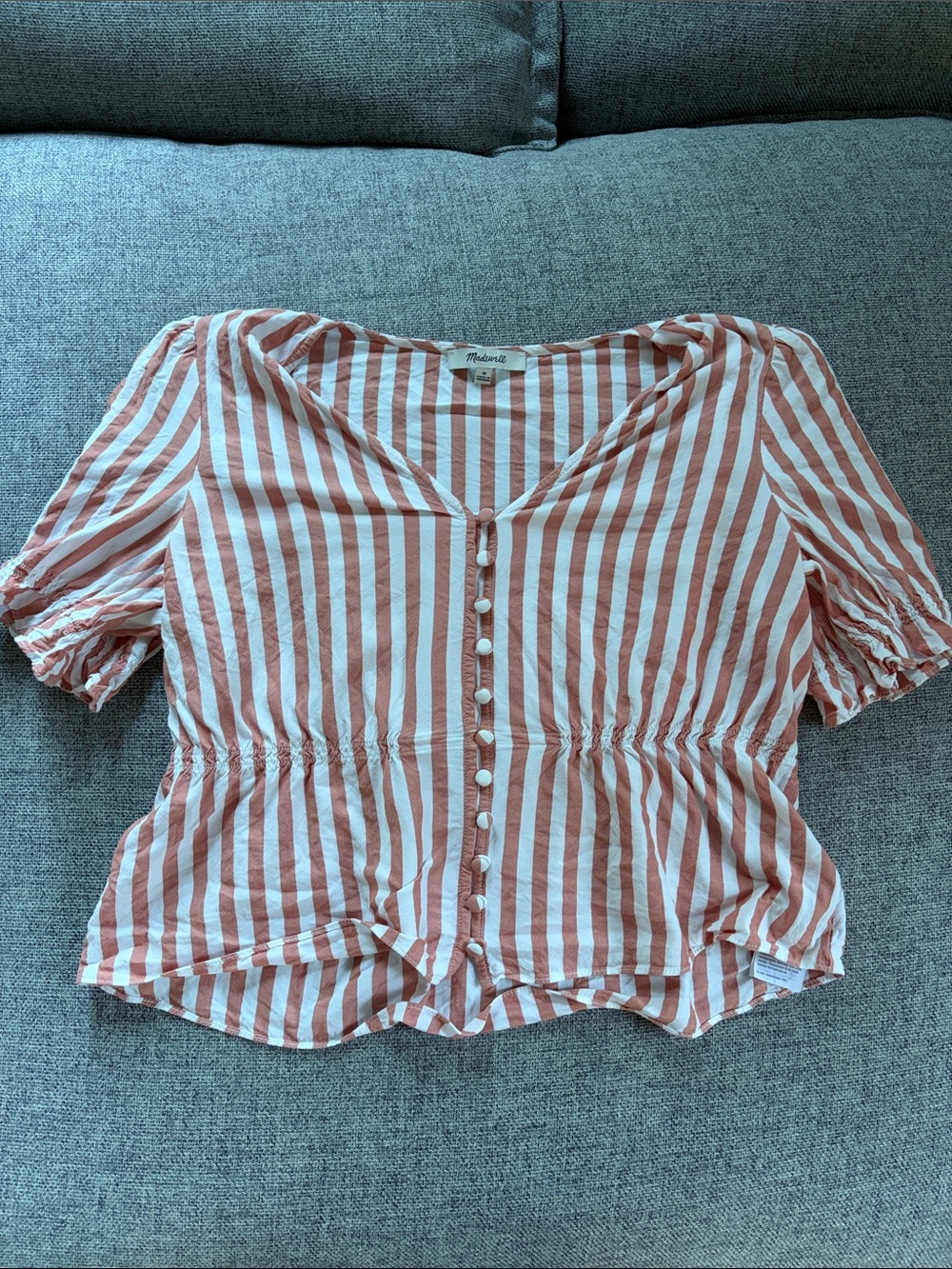 Madewell Rust-Stripe Button Front Puff Sleeve Top